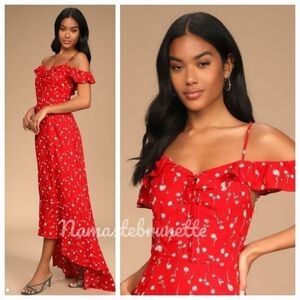 Nwt Lulu's Boho Red Floral Off-the-Shoulder Maxi Dress